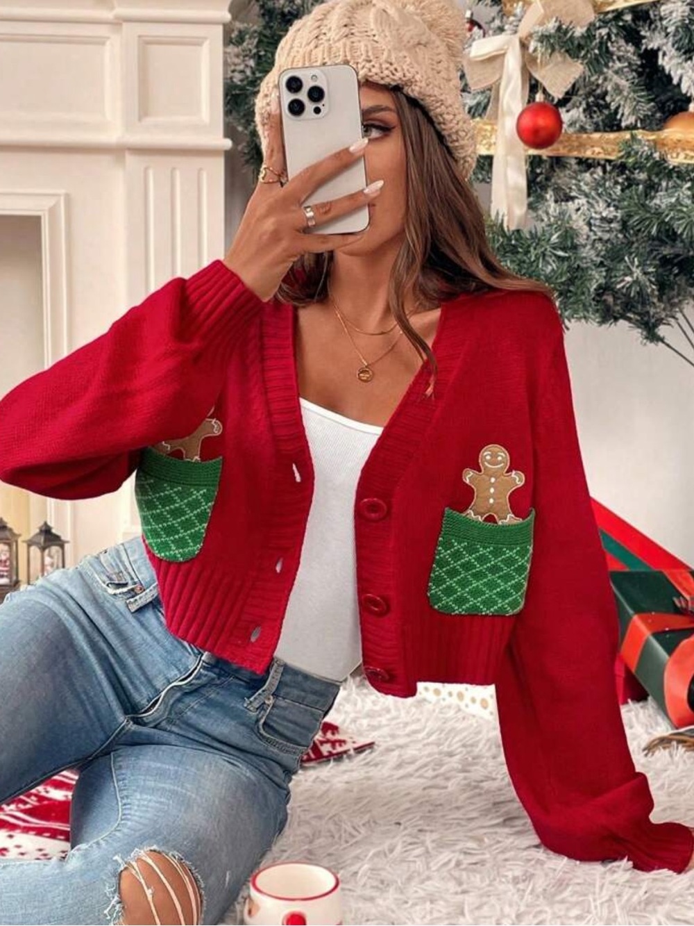 Gingerbread Print V-Neck Button Front Long Sleeve Cardigan With Pocket Christmas